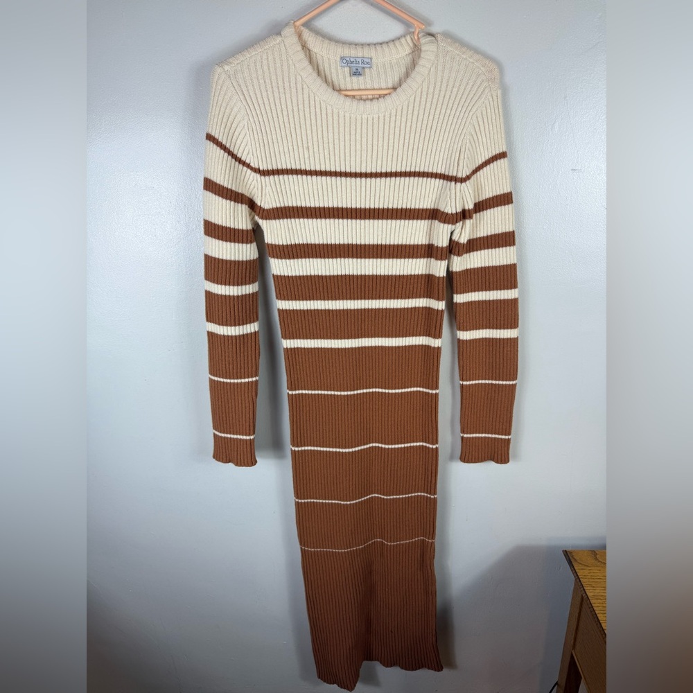 Ophelia Roe Sweater Maxi Dress Medium Cowl Neck Brown Cream